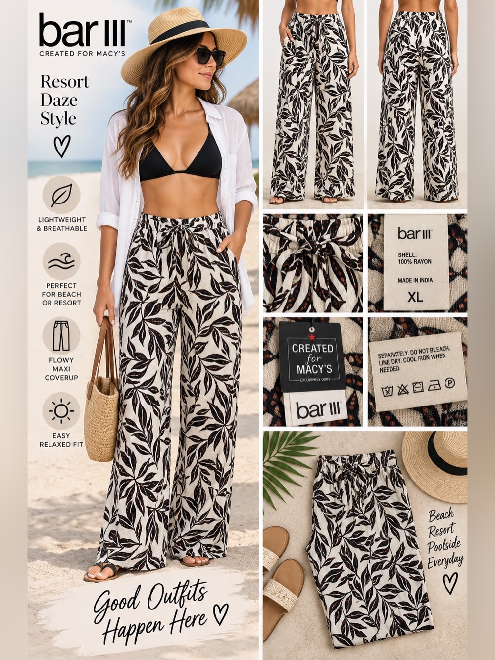Bar III Cream Maxi Coverup with Black Leaf Print NEW XL